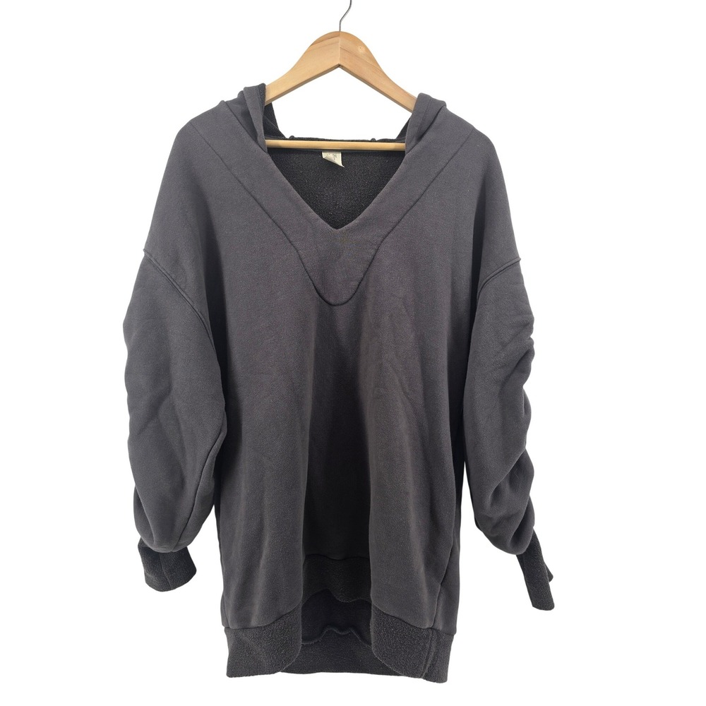 We The Free Hoodie Womens XS Gray Ruched Sleeve Oversized Pullover Sweatshirt